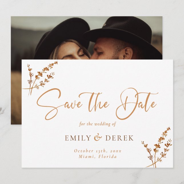 Boho Minimalist Photo Burnt Orange Floral Wedding Invitation (Front/Back)
