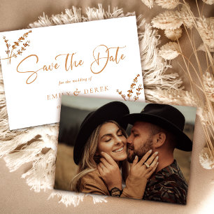 Boho Minimalist Photo Orange Floral Wedding Invitation