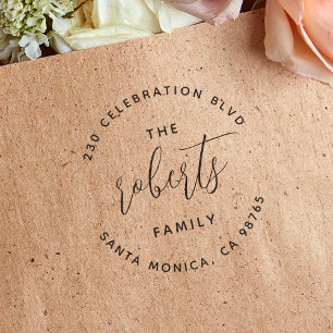 Boho Minimalist Round Logo Family Name Address Rubber Stamp