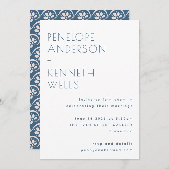 Boho Minimalist Scandinavian Blue Floral Wedding Invitation (Front/Back)