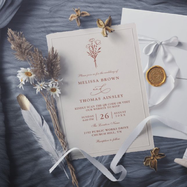 Boho Minimalist Terracotta Budget QR Code Wedding Invitation (Creator Uploaded)
