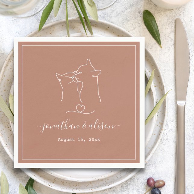 Boho Minimalist Terracotta Cats Engagement Wedding Napkin (Creator Uploaded)