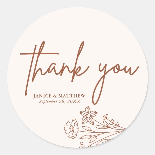 Boho Minimalist Terracotta Thank You Wedding Favou Classic Round Sticker (Front)