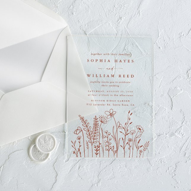 Boho Minimalist Terracotta Wildflower Wedding Acrylic Invitations (Creator Uploaded)