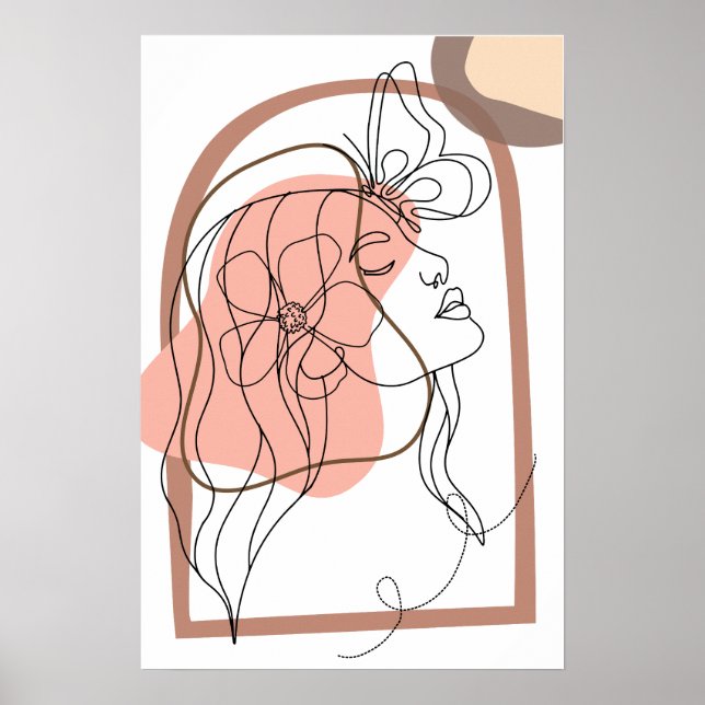 Boho Minimalistic Line art, Woman with flower Poster (Front)