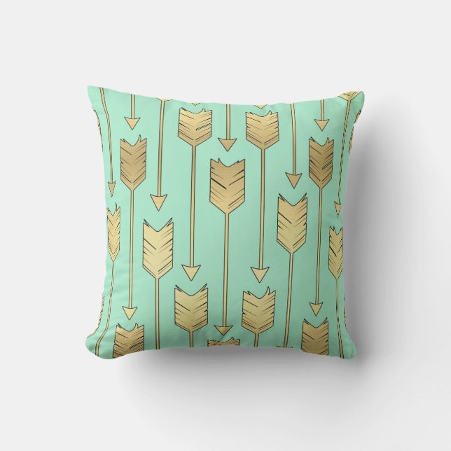 Boho Mint and Faux Gold Arrows Pattern Cushion (Front)