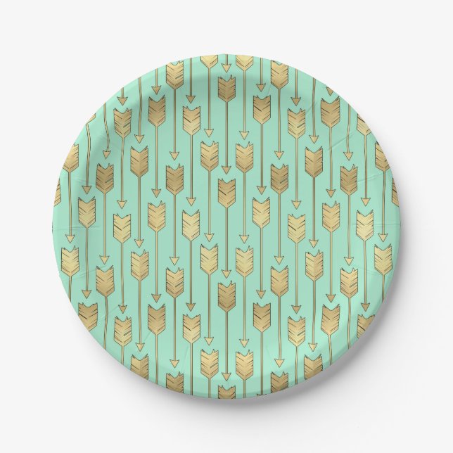 Boho Mint and Faux Gold Arrows Pattern Paper Plate (Front)