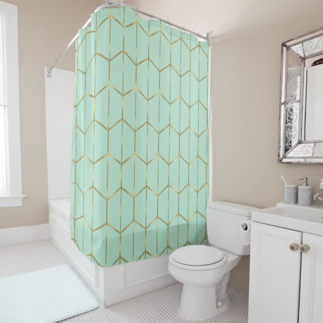Boho Mint Green Hexagon Gold & Geometric Glam Shower Curtain (In Situ)
