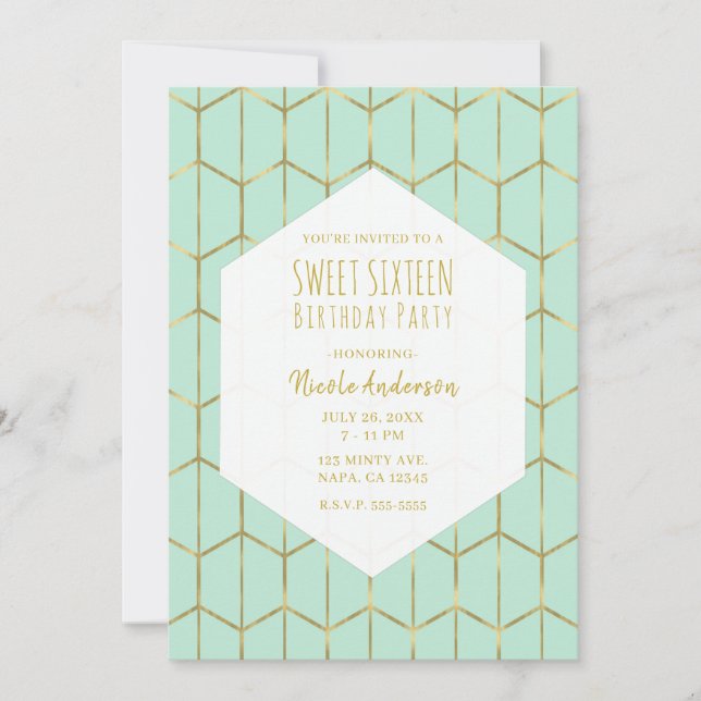 Boho Mint Green Hexagon Gold Geometric Sweet 16 In Invitation (Front)