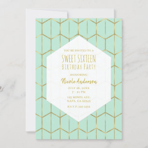 Boho Mint Green Hexagon Gold Geometric Sweet 16 In Invitation