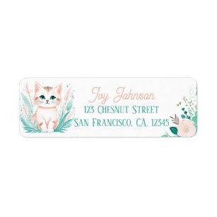 Boho Mint Green Kitten Return Address Labels 