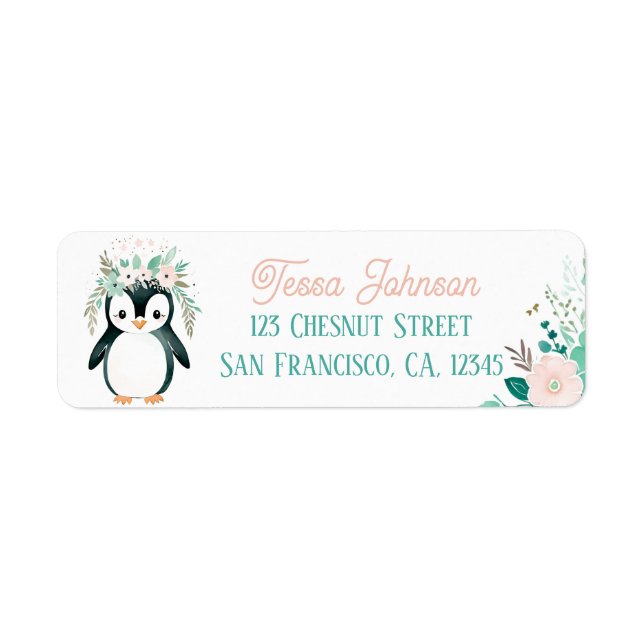Boho Mint Green Penguin Return Address Labels  (Front)