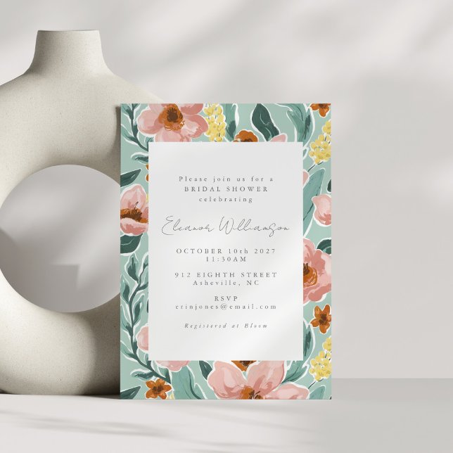 Boho Mint Sage Green Painted Floral Bridal Shower Invitation (Creator Uploaded)
