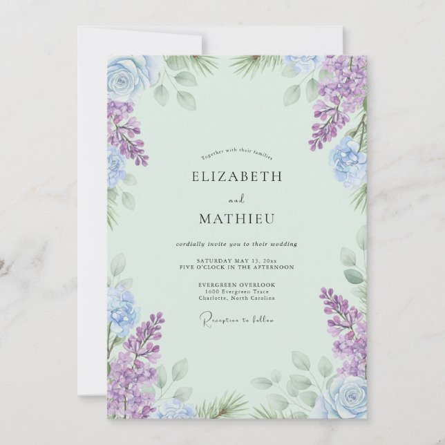Boho Mint Violet Wisteria Wedding Invitation (Front)