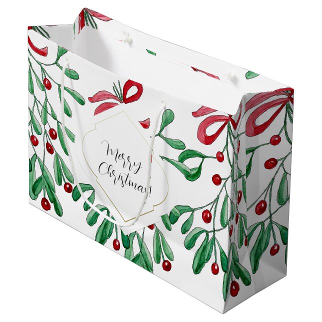 Boho Mistletoe Watercolor Monogrammed Large Gift Bag (Front Angled)