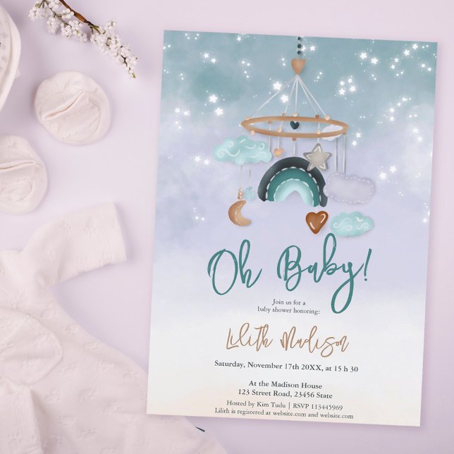 Boho mobile crib rainbow clouds stars baby shower invitation (Creator Uploaded)
