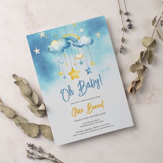 Boho mobile crib rainbow clouds stars baby shower invitation (Creator Uploaded)