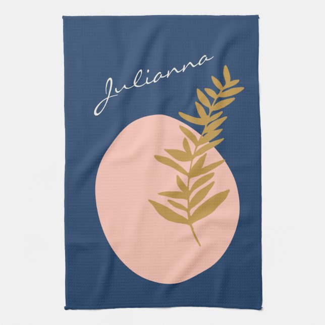 Boho Modern Abstract Botanical Art Blue Custom Tea Towel (Vertical)