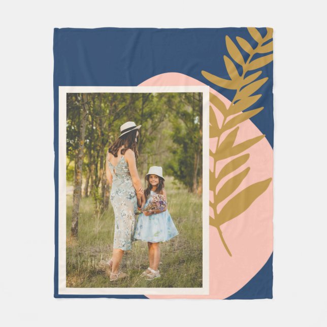 Boho Modern Abstract Botanical Blue Custom Photo  Fleece Blanket (Front)