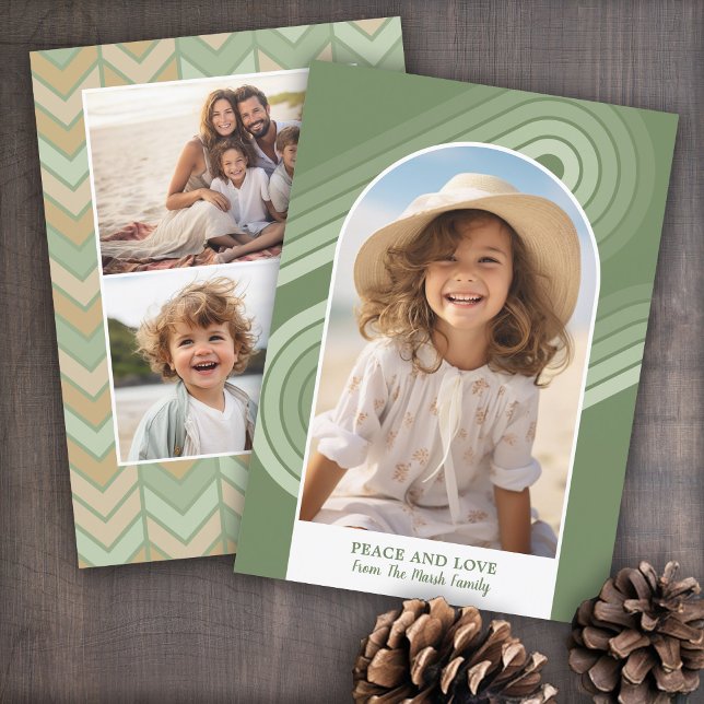 Boho Modern Arch Curvy Line and Geometric 3 Photo Holiday Card (Soft, retro pastel holiday card with boho stripes and 3 photos.)