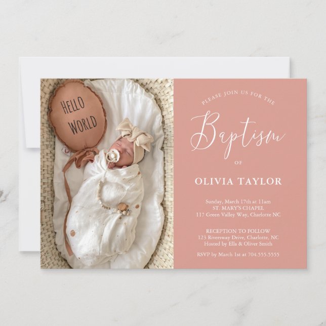 Boho Modern Baby Blush Pink Dusty Rose Baptism Invitation (Front)