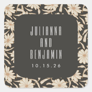 Boho Modern Botanical Black Ivory Wedding Custom Square Sticker