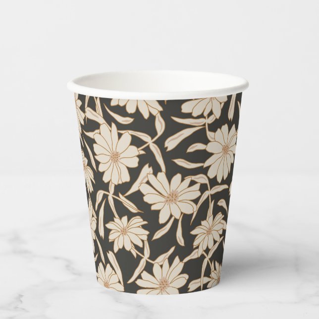 Boho Modern Botanical Black Ivory Wedding Paper Cups (Front)