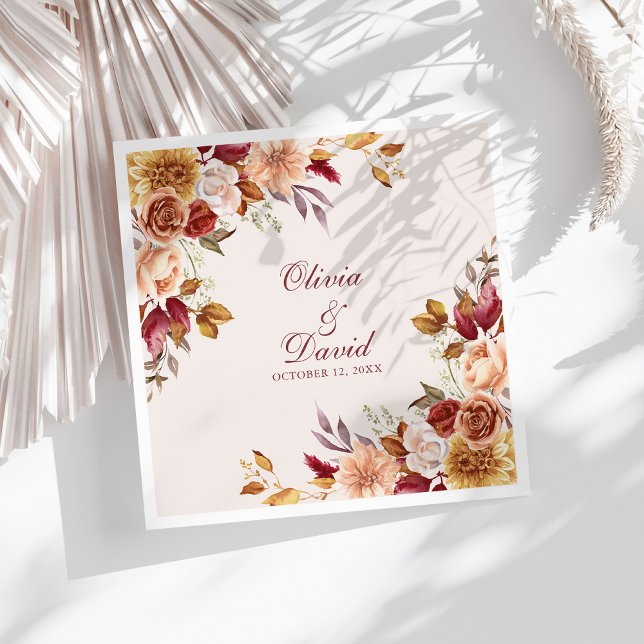 Boho Modern Burnt Orange Terracotta Floral Wedding Napkin (Boho Modern Burnt Orange Terracotta Floral Wedding Paper Dinner Napkins on a sunny white table.)