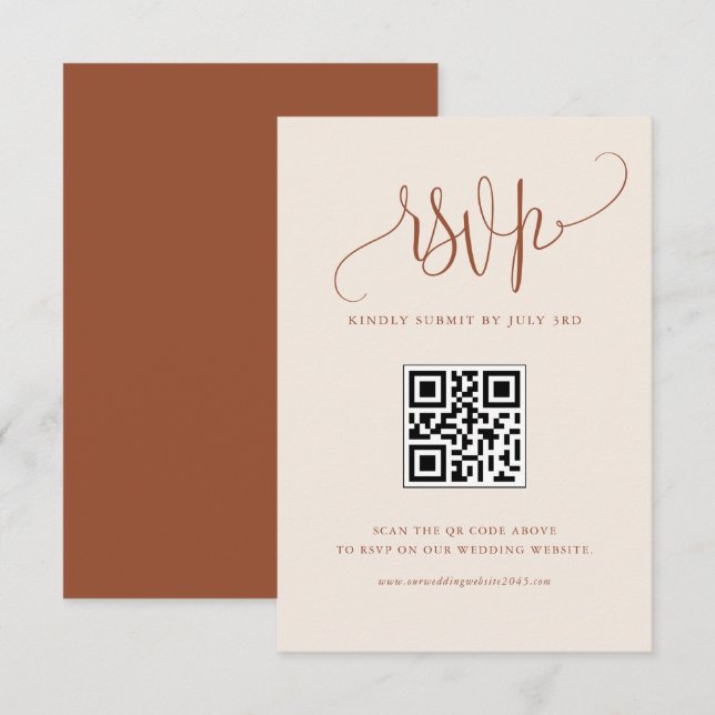Boho Modern Calligraphy Terracotta Wedding QR Code RSVP Card (Front/Back)