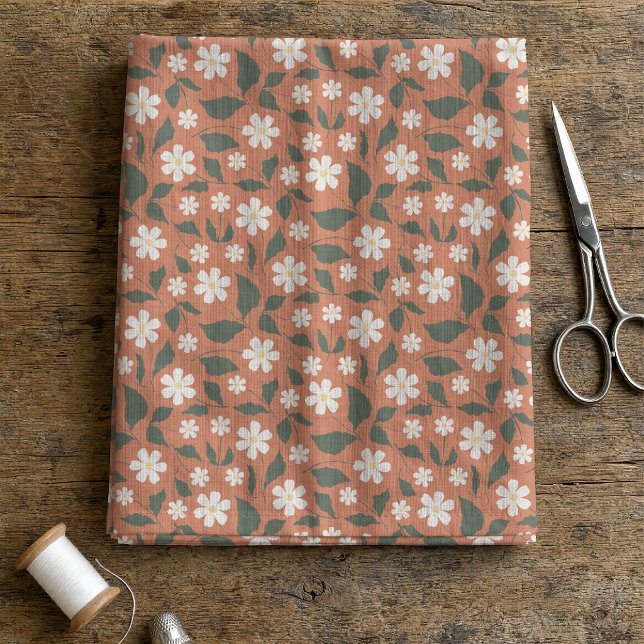 Boho Modern Daisy Pattern Terracotta Sage Fabric (Boho Modern Sweet Daisy terracotta and green fabric by Erica MacDonald.)