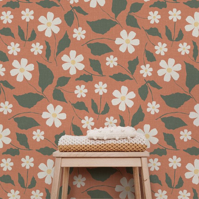 Boho Modern Daisy Pattern Terracotta Sage Wallpaper (Terracotta Sweet Daisy botanical wallpaper by Erica MacDonald.)
