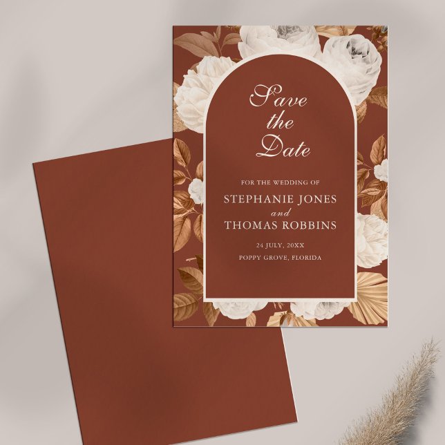 Boho Modern Dark Terracotta Save the Date Card (Boho Modern Dark Terracotta Save the Date Card on white table)