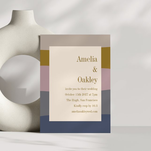 Boho Modern Dusty Mauve Gold Beige Striped Wedding Invitation (Creator Uploaded)