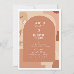 Boho Modern Floral Art Beige Terracotta Wedding Invitation