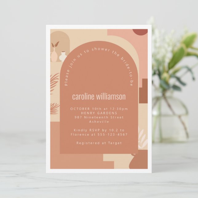 Boho Modern Floral Art Terracotta Bridal Shower Invitation (Standing Front)
