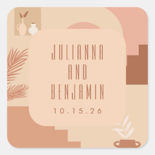Boho Modern Floral Blush Terracotta Wedding Custom Square Sticker