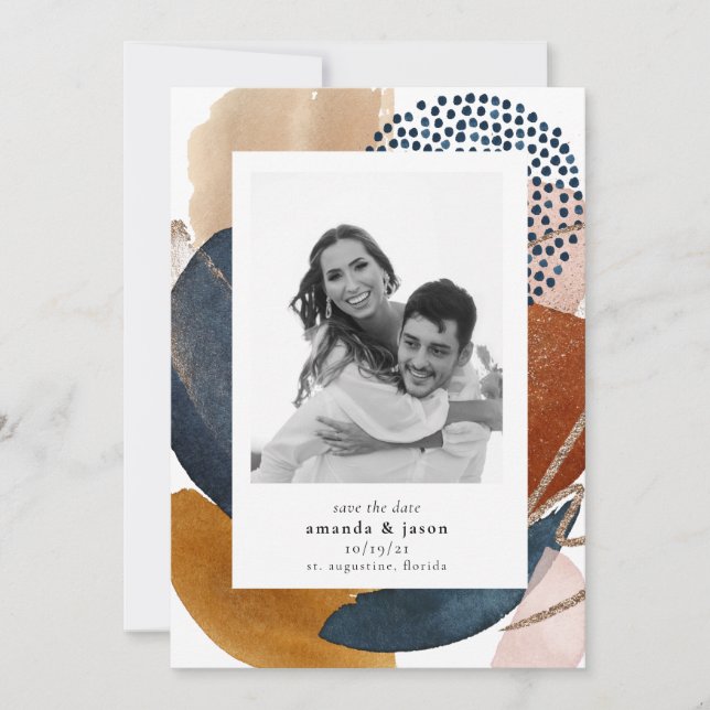 Boho Modern Geometric Blush Pink Terracotta Photo  Save The Date (Front)