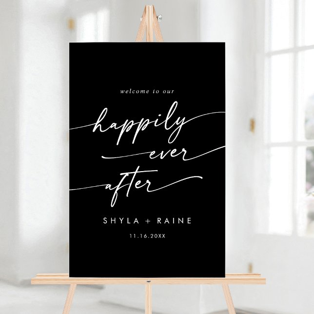 Boho Modern Happily White Black Wedding Welcome Acrylic Sign (Boho Modern Happily White Black Wedding Welcome Acrylic Sign)