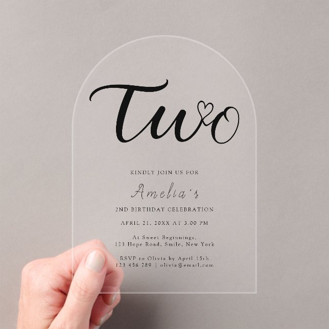  Boho Modern Heart Black Script 2nd Birthday Acrylic Invitations (Insitu (Handheld))