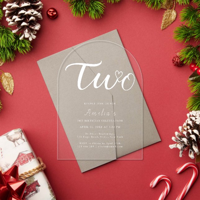  Boho Modern Heart White Script 2nd Birthday Acrylic Invitations (Insitu (Holiday))