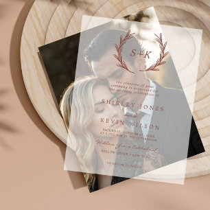 Boho Modern Minimalist Rustic Monogram Wedding Vellum Invitations