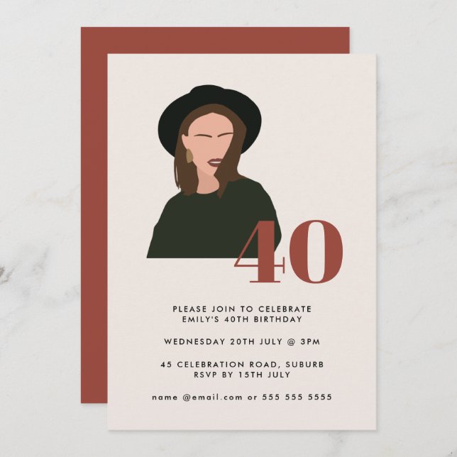 Boho Modern Minimalist Terracotta 40th Birthday  Invitation (Front/Back)