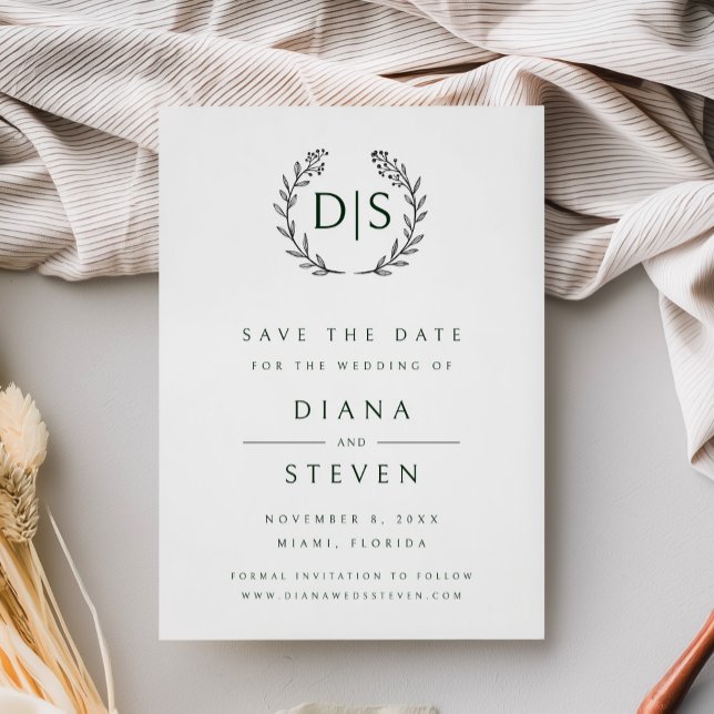 Boho Modern Minimalist Wedding Save The Date (Minimalist black and white wedding save the date card with monogram and laurel wreath)