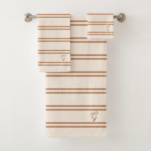 Boho Modern Monogrammed Name Striped Beige Brown Bath Towel Set