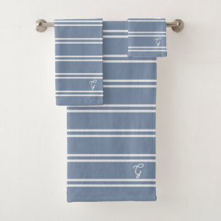 Boho Modern Monogrammed Name Striped Coastal Blue Bath Towel Set