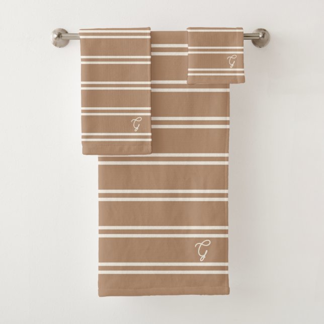 Boho Modern Monogrammed Name Striped Tan Brown Bath Towel Set (Insitu)