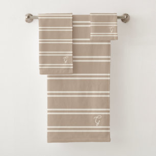 Boho Modern Monogrammed Name Striped Taupe Bath Towel Set
