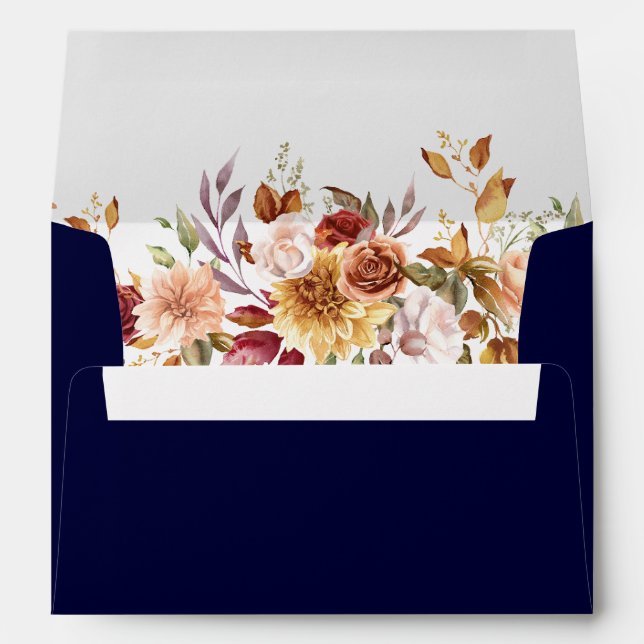 Boho Modern Navy Blue Burnt Orange Floral Wedding Envelope (Back (Bottom))