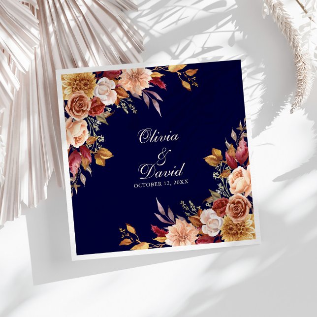 Boho Modern Navy Blue Burnt Orange Floral Wedding Napkin (Boho Modern Navy Blue Burnt Orange Floral Wedding Paper Dinner Napkins on sunny boho white table.)