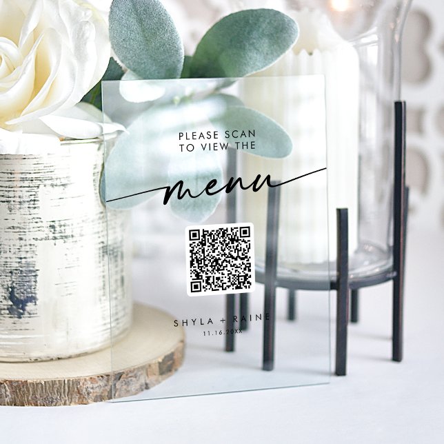 Boho Modern QR Code Clear Acrylic Wedding Menu Acrylic Sign (Boho Modern QR Code Clear Acrylic Wedding Menu Acrylic Sign)